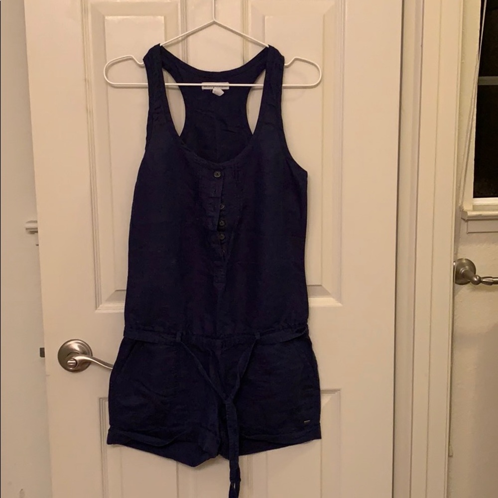 Blue button up waist tie romper